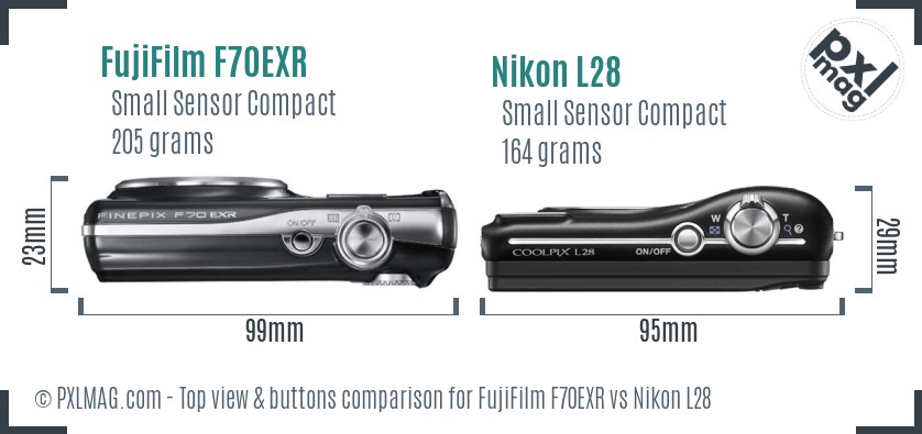 FujiFilm F70EXR vs Nikon L28 top view buttons comparison