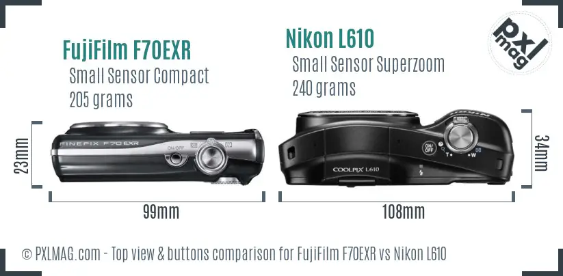 FujiFilm F70EXR vs Nikon L610 top view buttons comparison