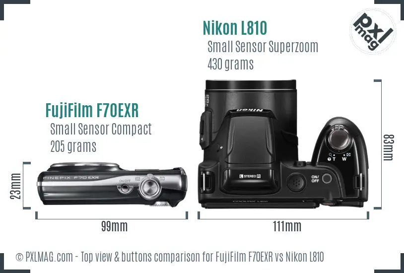 FujiFilm F70EXR vs Nikon L810 top view buttons comparison FujiFilm F70EXR vs Nikon L810 top view buttons comparison