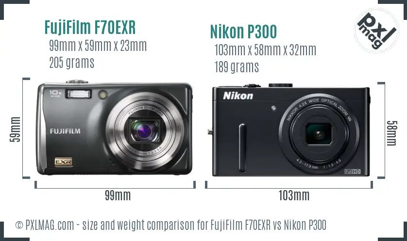 FujiFilm F70EXR vs Nikon P300 size comparison