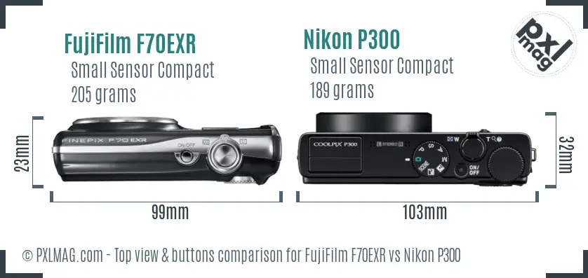 FujiFilm F70EXR vs Nikon P300 top view buttons comparison