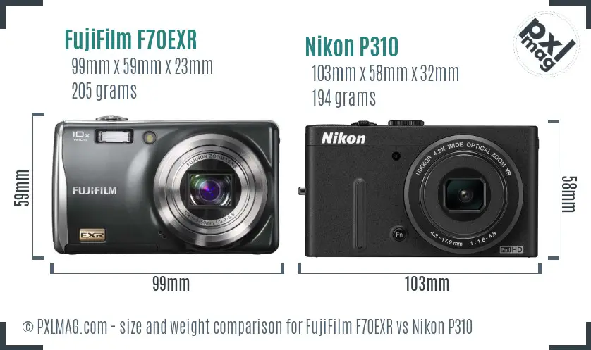 FujiFilm F70EXR vs Nikon P310 size comparison