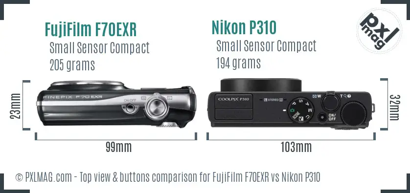 FujiFilm F70EXR vs Nikon P310 top view buttons comparison