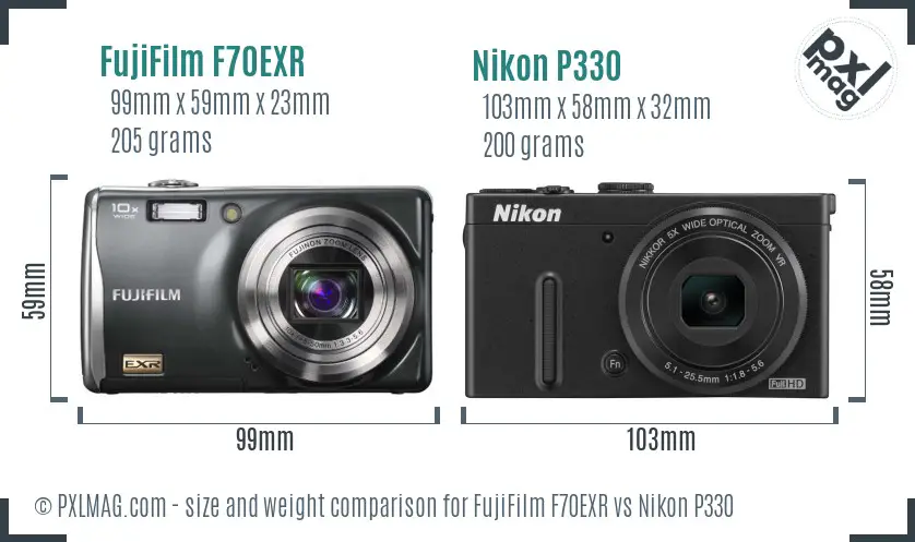 FujiFilm F70EXR vs Nikon P330 size comparison