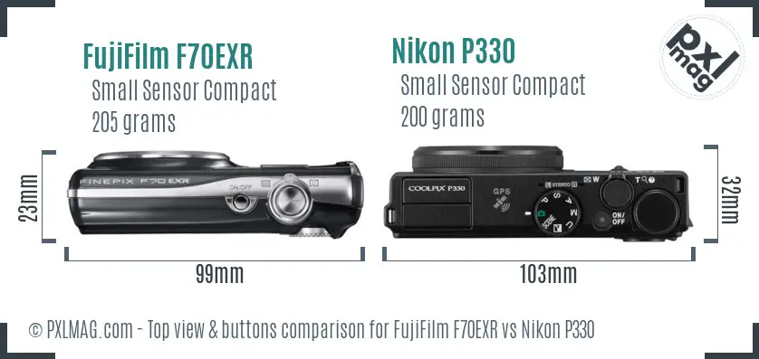 FujiFilm F70EXR vs Nikon P330 top view buttons comparison