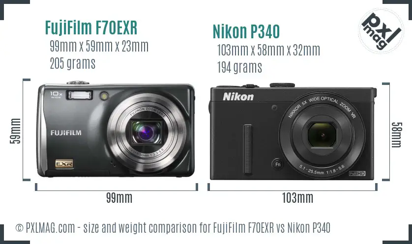 FujiFilm F70EXR vs Nikon P340 size comparison