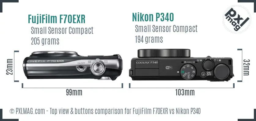 FujiFilm F70EXR vs Nikon P340 top view buttons comparison