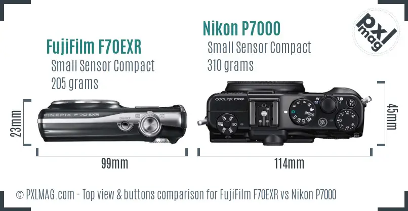 FujiFilm F70EXR vs Nikon P7000 top view buttons comparison