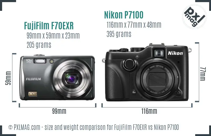 FujiFilm F70EXR vs Nikon P7100 size comparison FujiFilm F70EXR vs Nikon P7100 size comparison