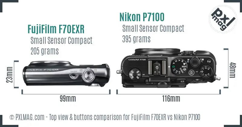 FujiFilm F70EXR vs Nikon P7100 top view buttons comparison FujiFilm F70EXR vs Nikon P7100 top view buttons comparison