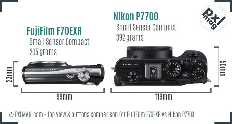 FujiFilm F70EXR vs Nikon P7700 top view buttons comparison