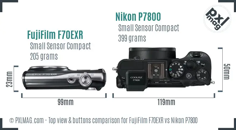 FujiFilm F70EXR vs Nikon P7800 top view buttons comparison