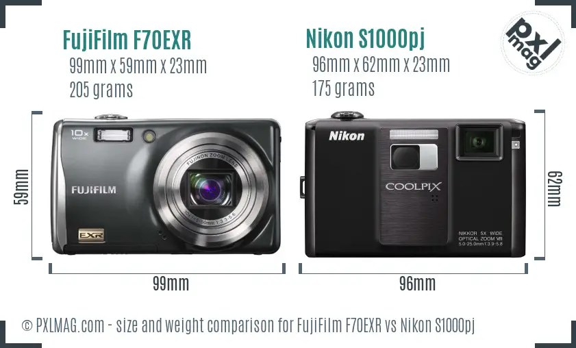 FujiFilm F70EXR vs Nikon S1000pj size comparison