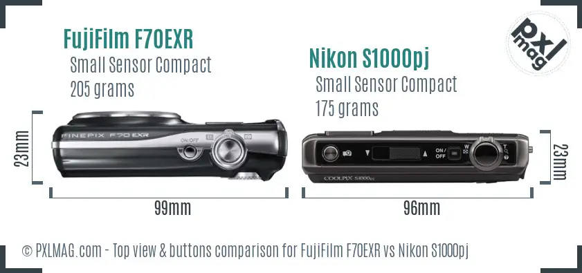 FujiFilm F70EXR vs Nikon S1000pj top view buttons comparison