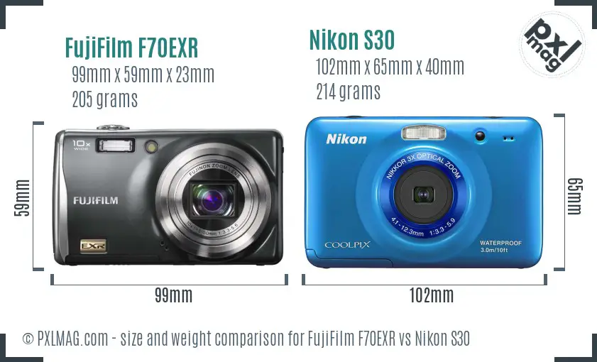 FujiFilm F70EXR vs Nikon S30 size comparison