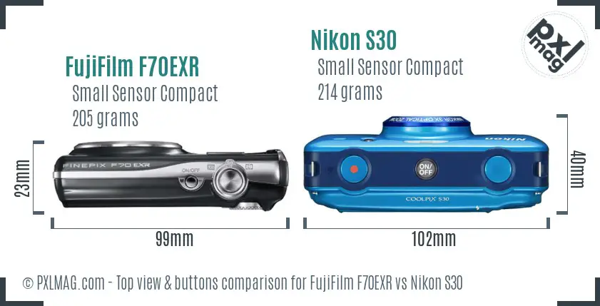 FujiFilm F70EXR vs Nikon S30 top view buttons comparison