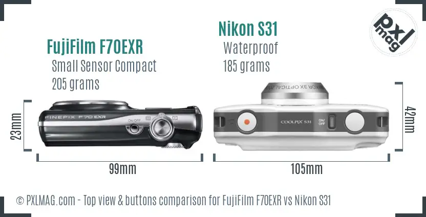 FujiFilm F70EXR vs Nikon S31 top view buttons comparison FujiFilm F70EXR vs Nikon S31 top view buttons comparison