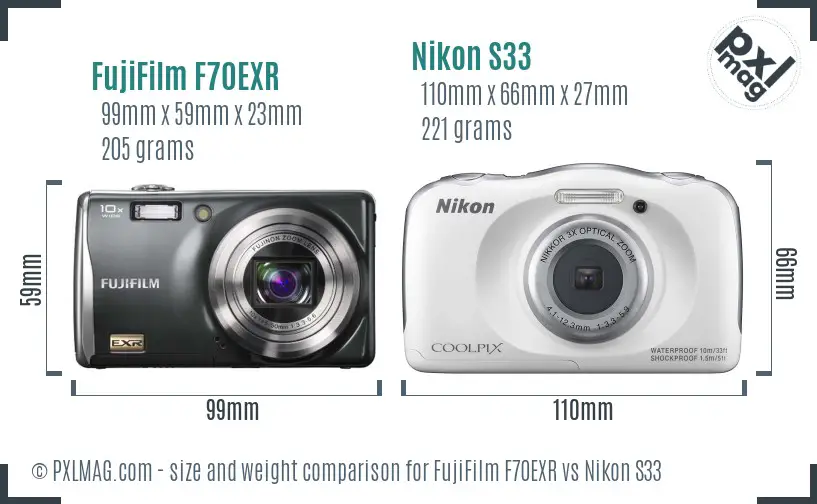 FujiFilm F70EXR vs Nikon S33 size comparison