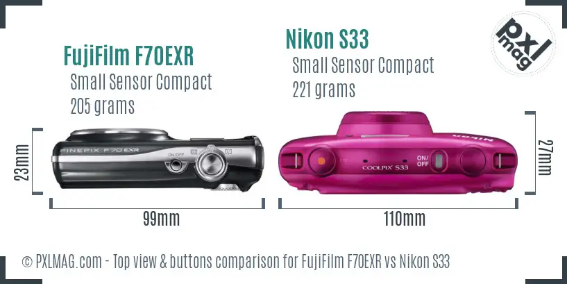FujiFilm F70EXR vs Nikon S33 top view buttons comparison