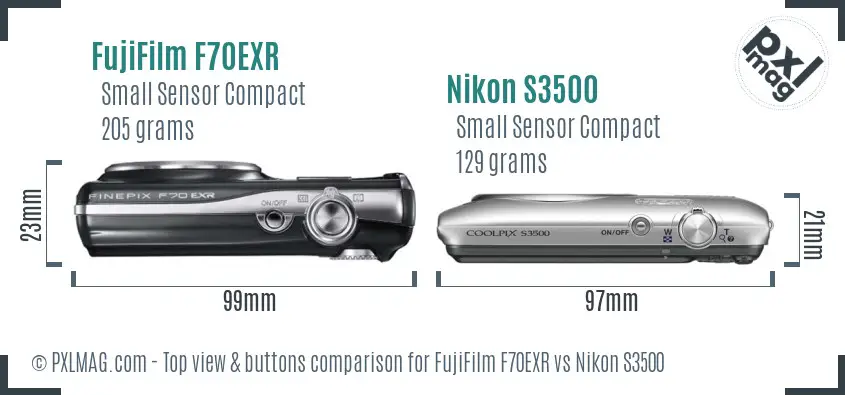 FujiFilm F70EXR vs Nikon S3500 top view buttons comparison