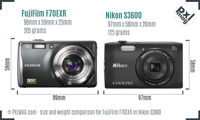 FujiFilm F70EXR vs Nikon S3600 size comparison