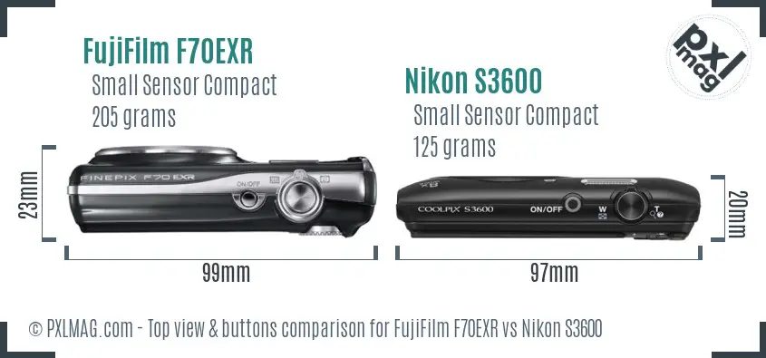FujiFilm F70EXR vs Nikon S3600 top view buttons comparison