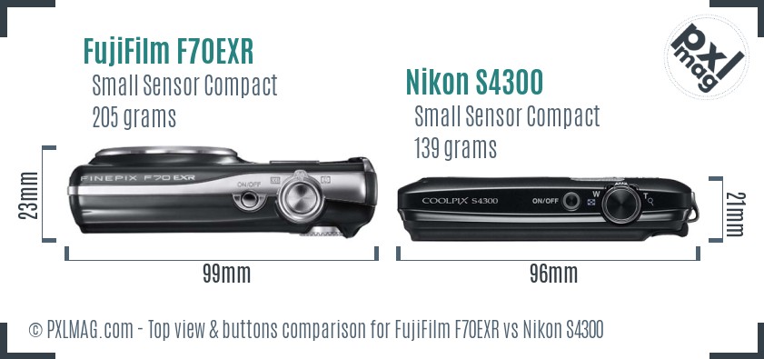 FujiFilm F70EXR vs Nikon S4300 top view buttons comparison