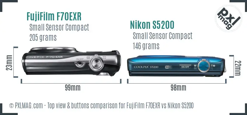 FujiFilm F70EXR vs Nikon S5200 top view buttons comparison