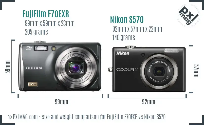 FujiFilm F70EXR vs Nikon S570 size comparison
