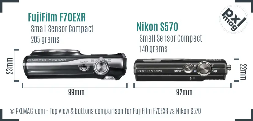 FujiFilm F70EXR vs Nikon S570 top view buttons comparison