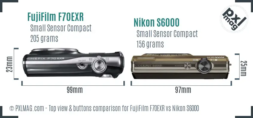 FujiFilm F70EXR vs Nikon S6000 top view buttons comparison FujiFilm F70EXR vs Nikon S6000 top view buttons comparison