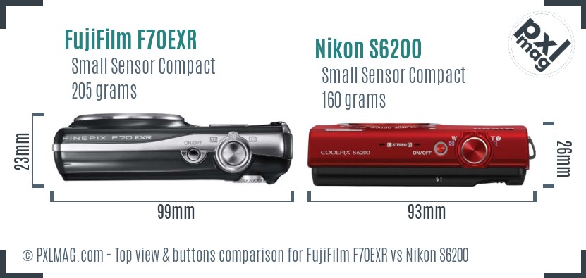 FujiFilm F70EXR vs Nikon S6200 top view buttons comparison