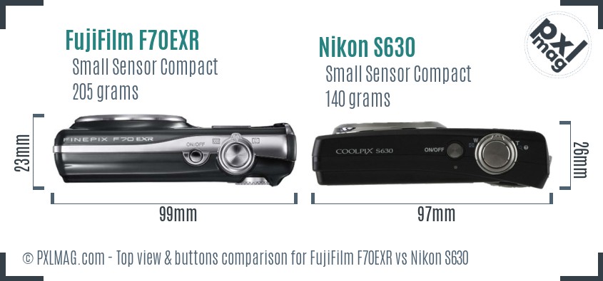 FujiFilm F70EXR vs Nikon S630 top view buttons comparison