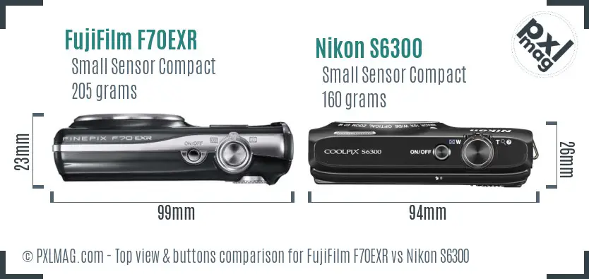 FujiFilm F70EXR vs Nikon S6300 top view buttons comparison