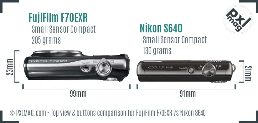 FujiFilm F70EXR vs Nikon S640 top view buttons comparison