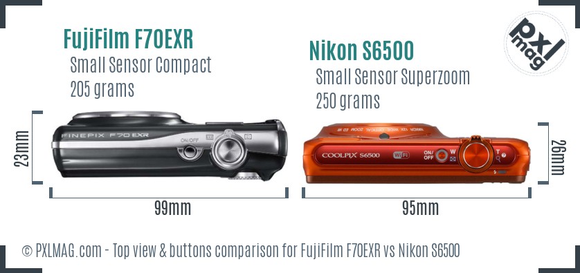FujiFilm F70EXR vs Nikon S6500 top view buttons comparison