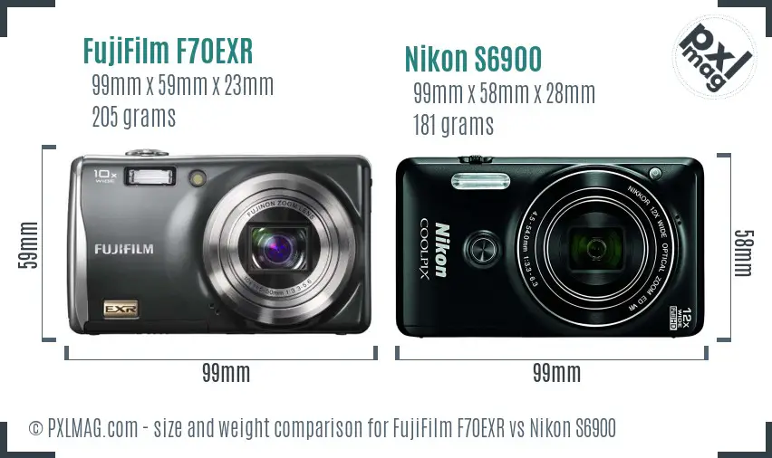 FujiFilm F70EXR vs Nikon S6900 size comparison