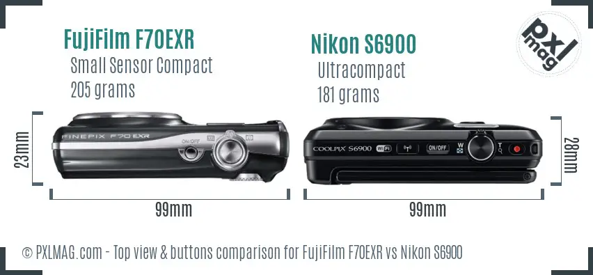 FujiFilm F70EXR vs Nikon S6900 top view buttons comparison