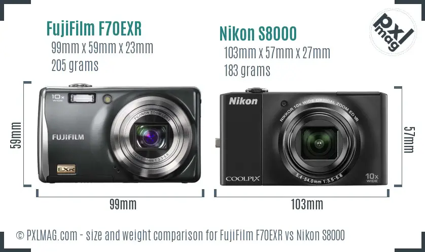 FujiFilm F70EXR vs Nikon S8000 size comparison