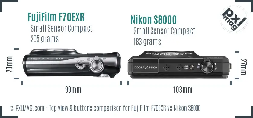 FujiFilm F70EXR vs Nikon S8000 top view buttons comparison