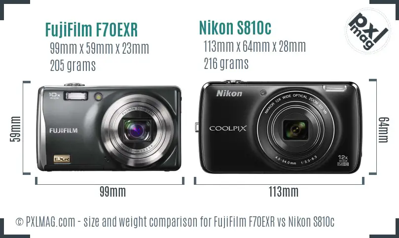 FujiFilm F70EXR vs Nikon S810c size comparison