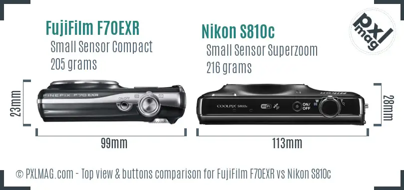 FujiFilm F70EXR vs Nikon S810c top view buttons comparison