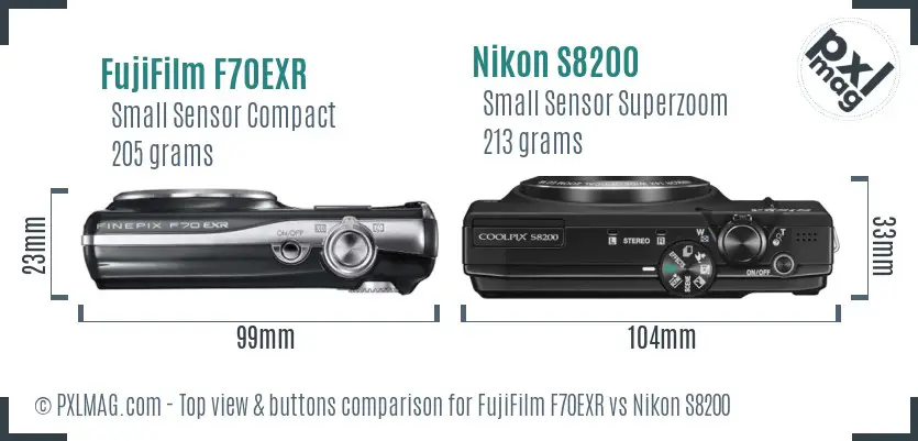 FujiFilm F70EXR vs Nikon S8200 top view buttons comparison