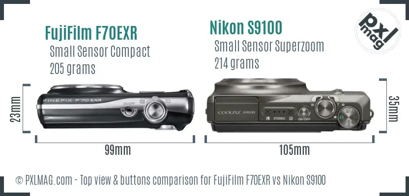 FujiFilm F70EXR vs Nikon S9100 top view buttons comparison