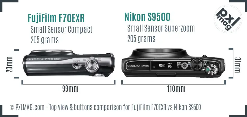 FujiFilm F70EXR vs Nikon S9500 top view buttons comparison FujiFilm F70EXR vs Nikon S9500 top view buttons comparison