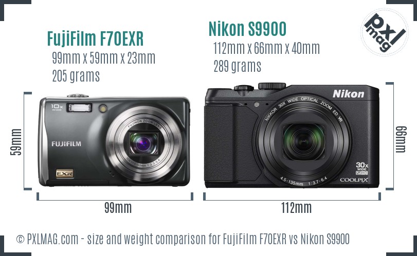 FujiFilm F70EXR vs Nikon S9900 size comparison