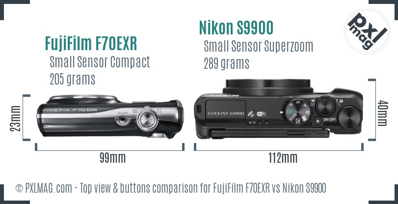 FujiFilm F70EXR vs Nikon S9900 top view buttons comparison
