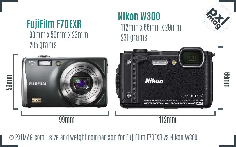 FujiFilm F70EXR vs Nikon W300 size comparison