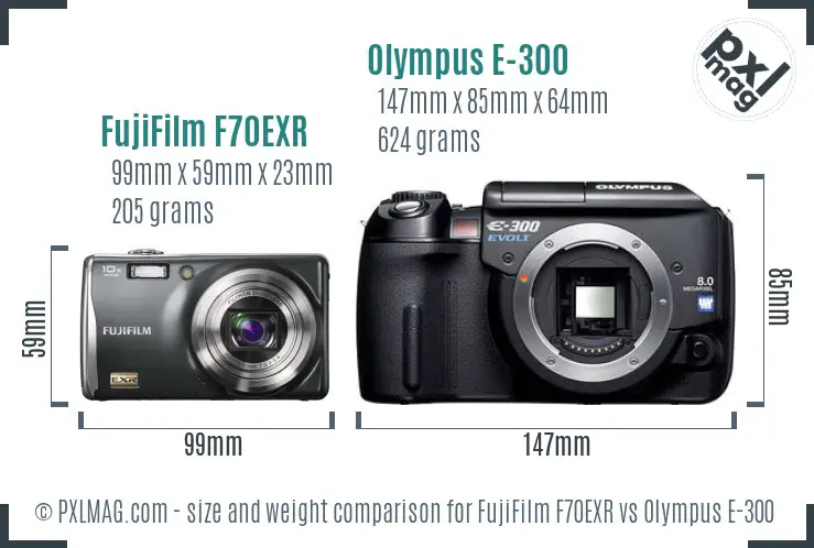 FujiFilm F70EXR vs Olympus E-300 size comparison