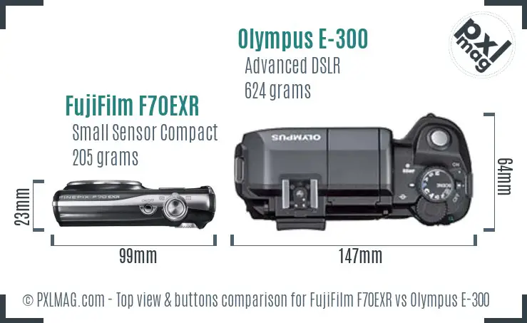 FujiFilm F70EXR vs Olympus E-300 top view buttons comparison